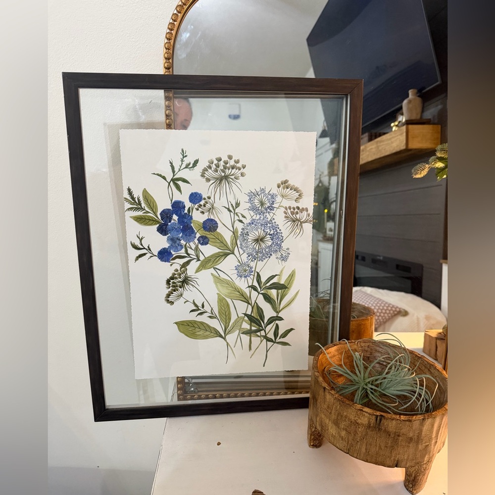 Framed Botanical Art Print with Blue Flowers 21x17”